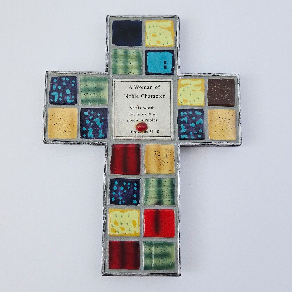Proverbs 31:10 Box Lid Wall Cross Woman of Noble Character Mosaic Style Resin